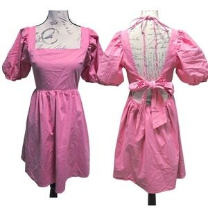 WAYF Pink‎ Puff Sleeve Open Back Tie Mini Dress Square Neck Women's Medium